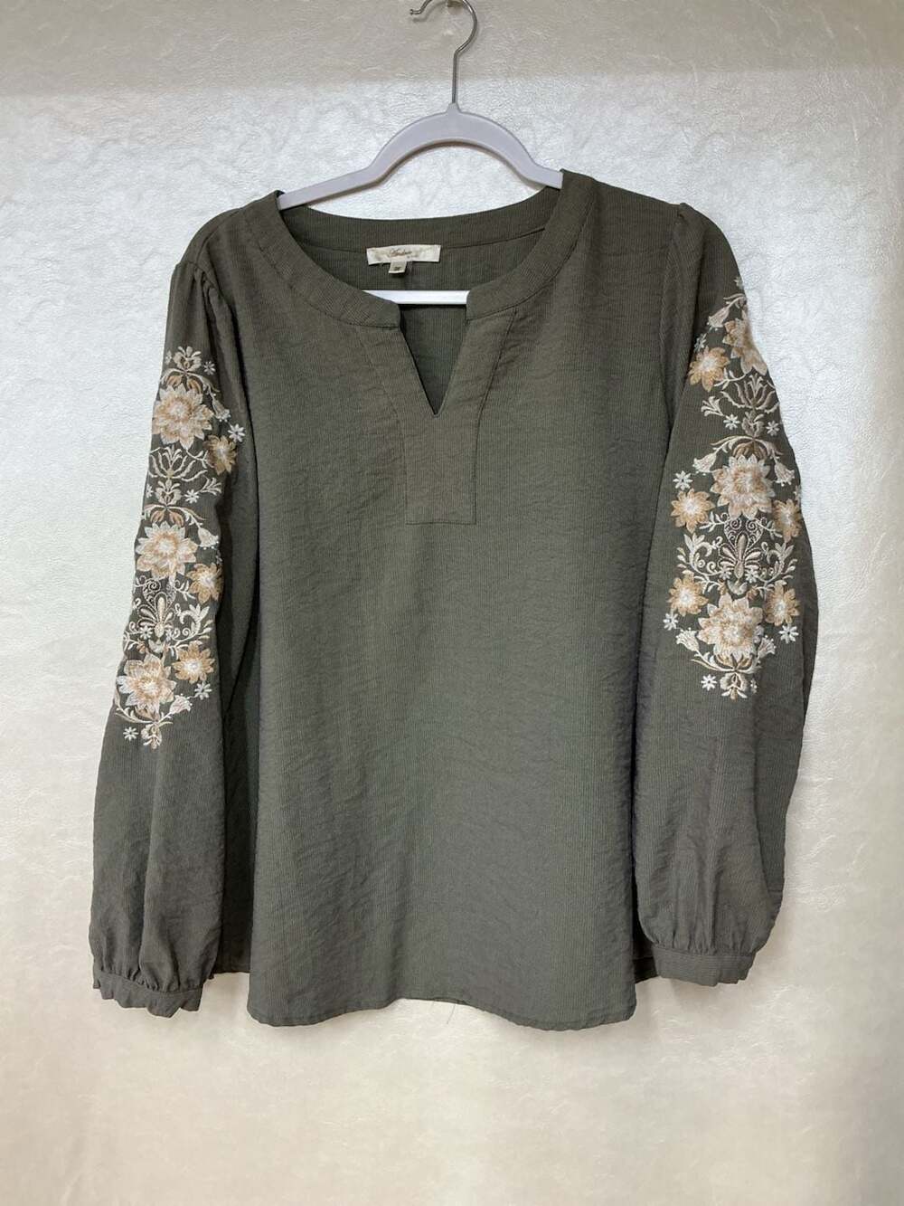 Andrée by UNIT Olive Green Floral Embroidered Split Neck Blouse